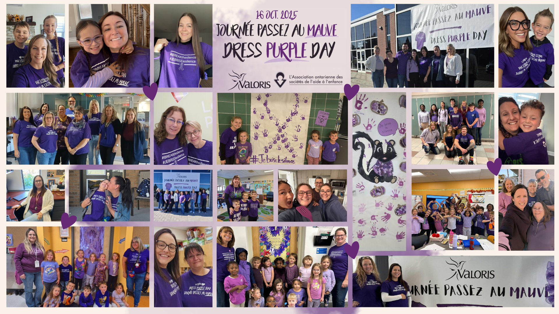 Une mosaïque qui rassemble des photos de personnes, partenaires communautaires et écoles qui sont vêtus en mauve pour la Journée Passez au mauve