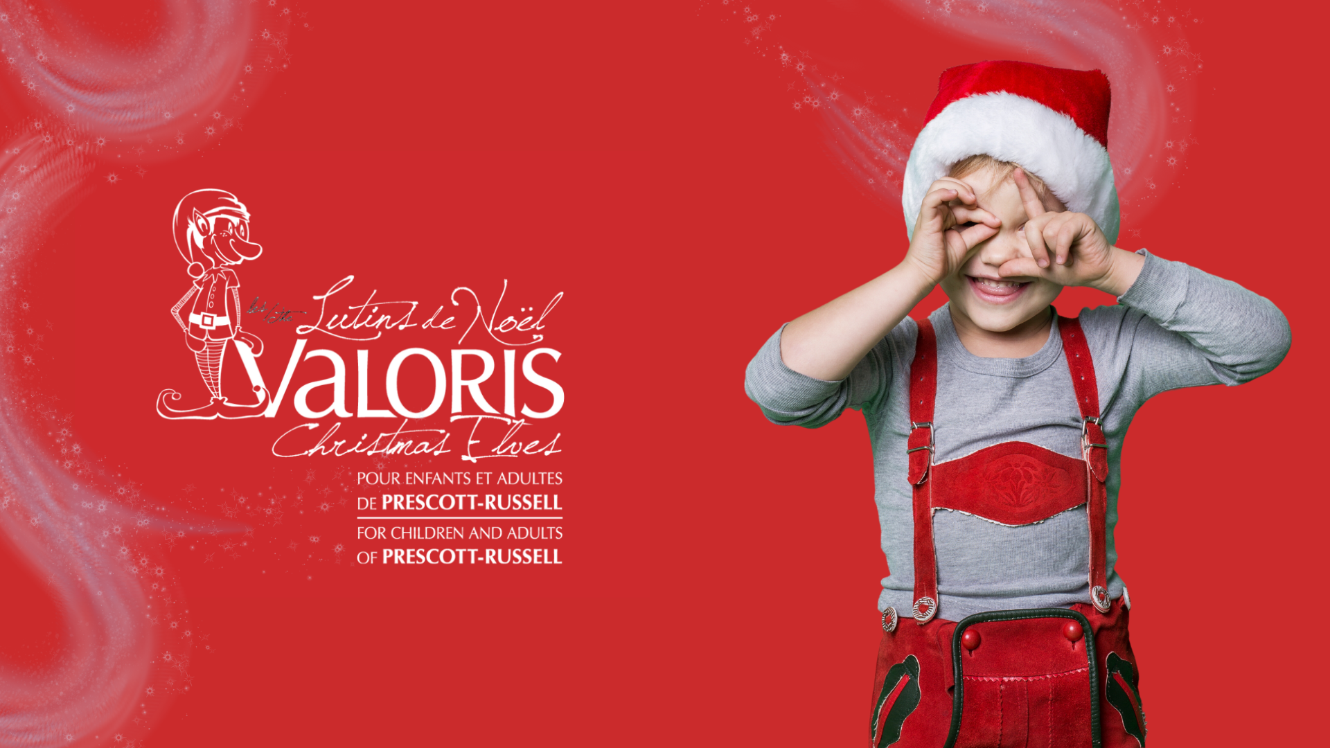 Photo d'un enfant déguisé en lutin accompagné du logo pour la Campagne des Lutins de Noël de Valoris